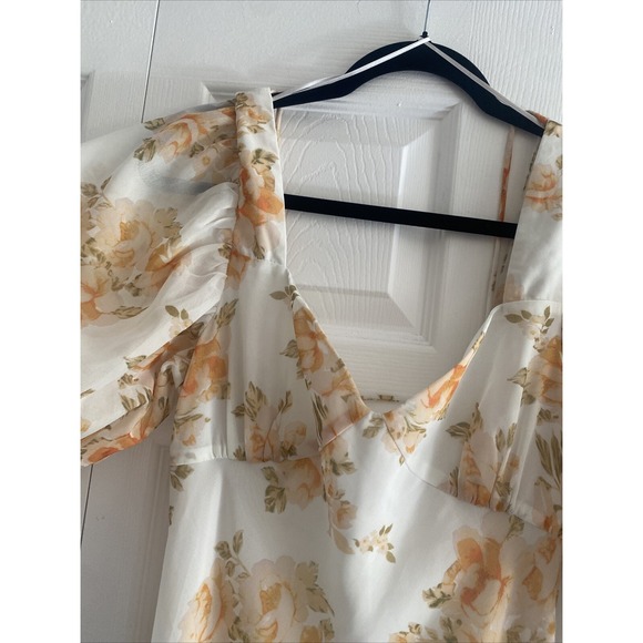 Luxxel Floral Open Back Maxi Dress Size Large Orange Cream Puff Sleeve Chiffon - Picture 4 of 7